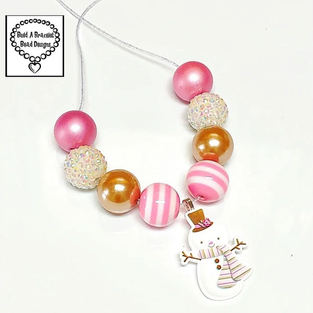 Handmade Pink & Gold Pearl Snowgirl Pendant Necklace | Adjustable Winter Jewelry